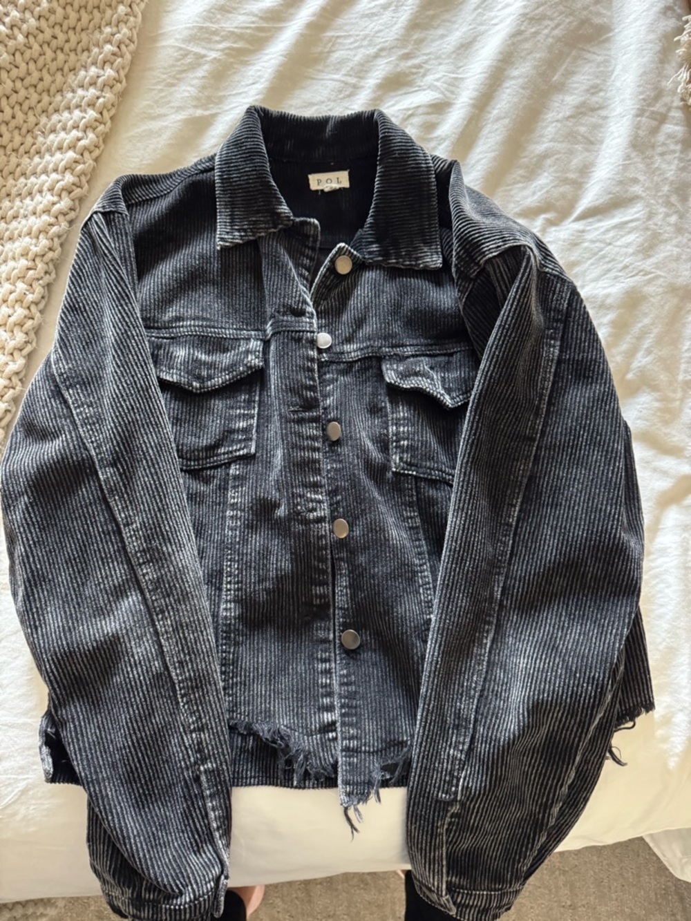 POL Black Corduroy Button-Front Jacket with Raw Hem